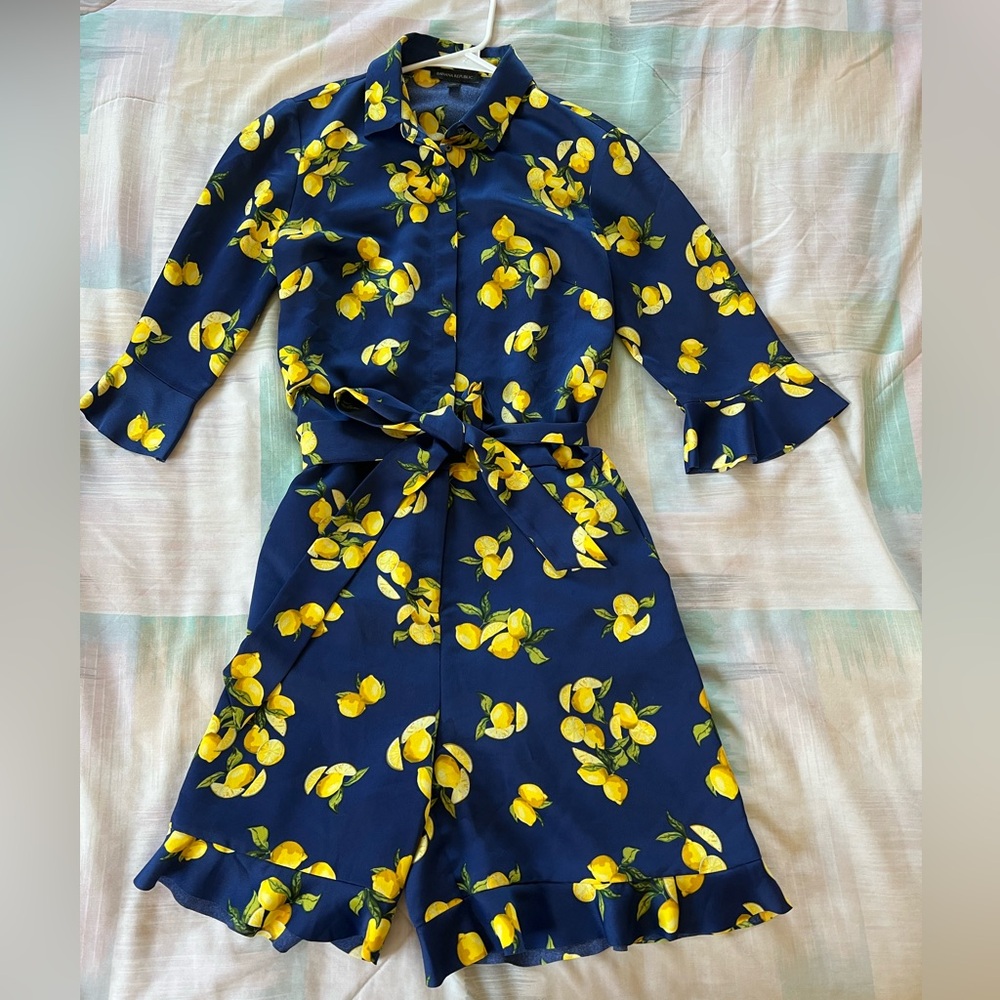 Banana Republic navy and yellow romper. Satin with ruffles